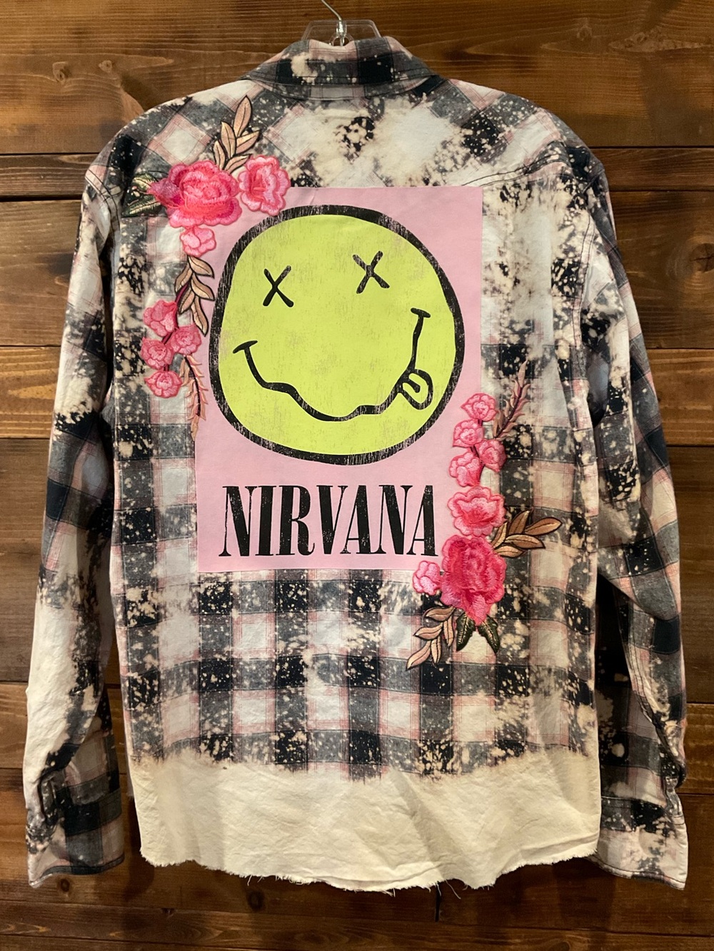 PINK CUSTOM NIRVANA “Smilie” Distressed Plaid Flannel Shirt Pink Embroidery